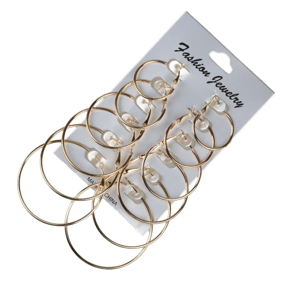Rock And Roll Exaggeration Circular Ring Ear Circle 6 Pieces Earrings Set trendy earrings best selling | Украшения и аксессуары