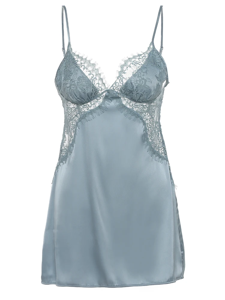 Сексуальная женская летняя ночная рубашка сорочка шелковая атласная кружевная