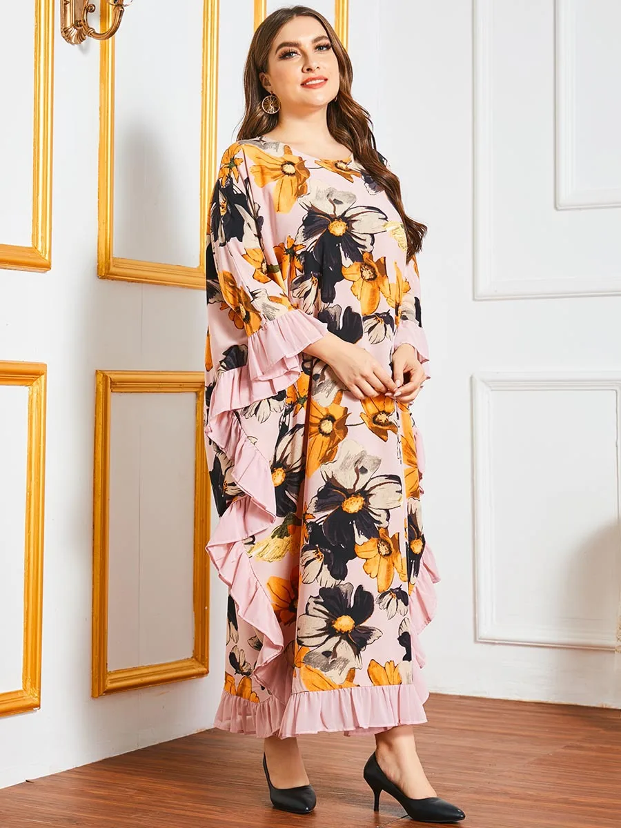 2021  Flower Ink Painting Batwing Sleeve Muslim Fashion Abayas Vestidos Elegant Pink Ruffles Oversized Long Dress for Women
