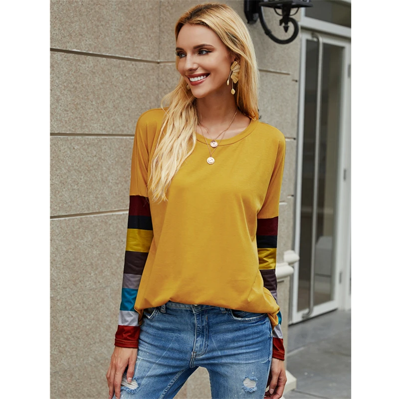 

Plus Size Women Tshirts 2020 Autumn Striped Patchwork O-neck Casual Women Tops