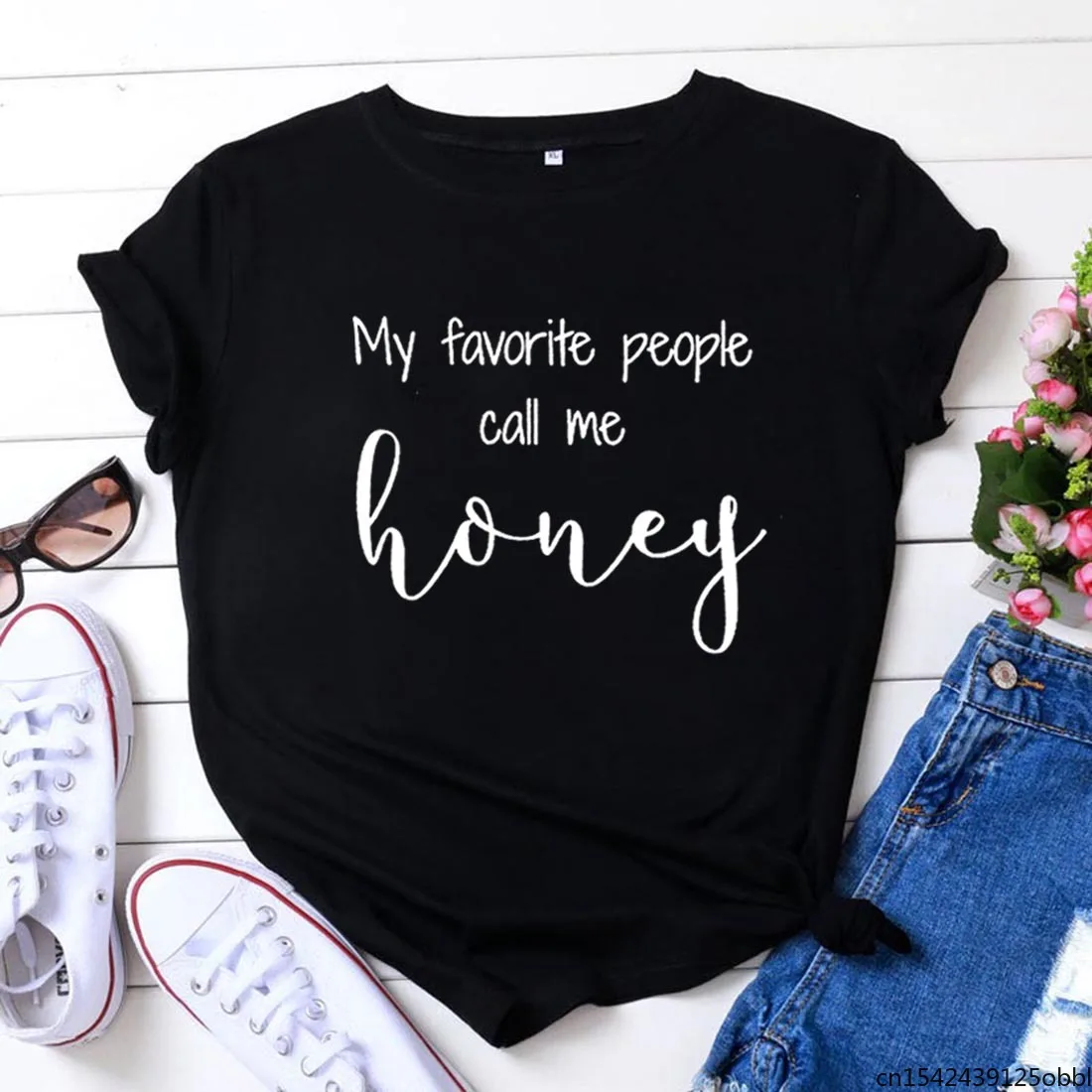 

My Favorite Call Me Honey T Shirt Women Short Sleeve O-neck Loose Femme Black