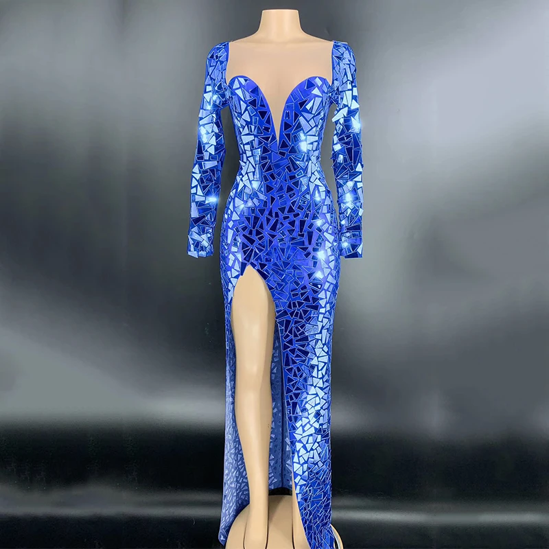 Роскошное зеркальное платье с длинным рукавом и разрезом женские платья