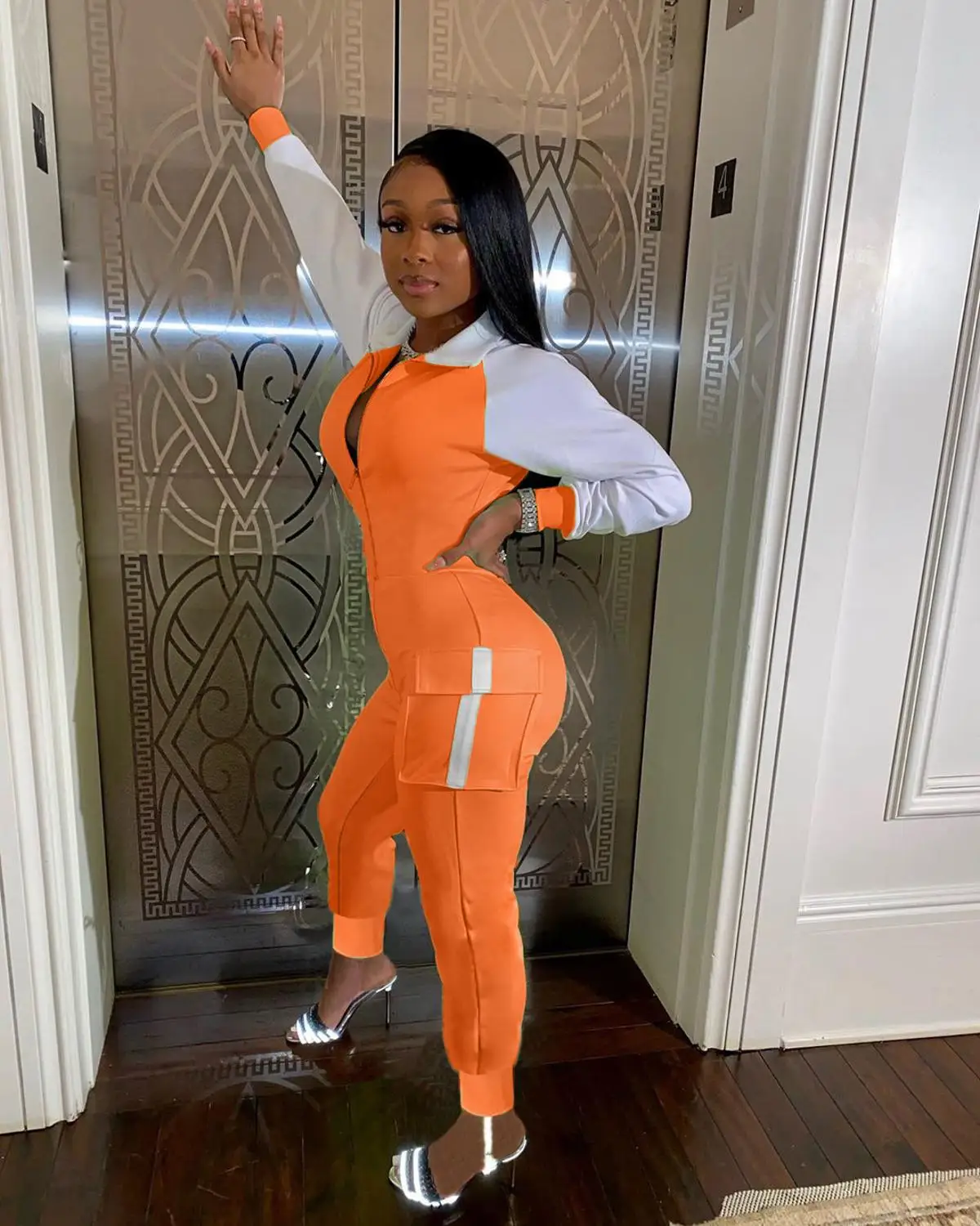 

Fashion Patchwork Women Streetwear Jumpsuit Female Zip Up Rompers Bodycon Bodysuit Casual Tracksuit Overalls Women Jumpsuits