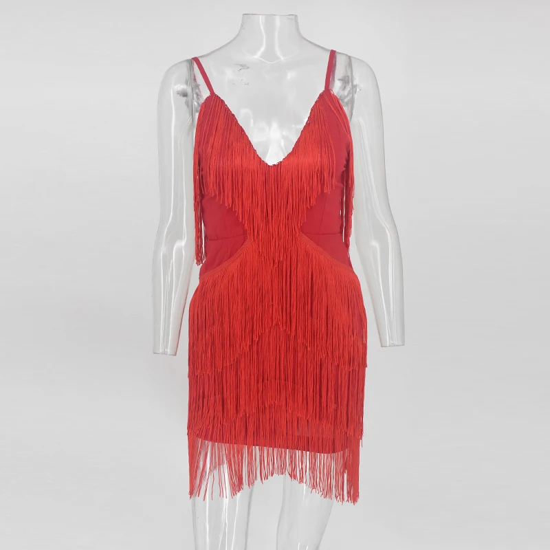 

Sexy Tassel Dresses Women Summer Celebrity Party Spaghetti Strap Sleeveless Fringe