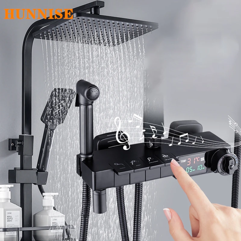 

Newly Piano Thermostatic Shower System Brass Waterfall Shower Faucets Hot Cold LED Temperature Display Digital Shower Mixer Set