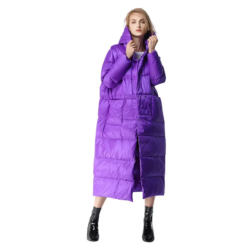 

2019 winter padded women duck down jacket female loose fashion purple warm oversize overcoat hodded long lady coat