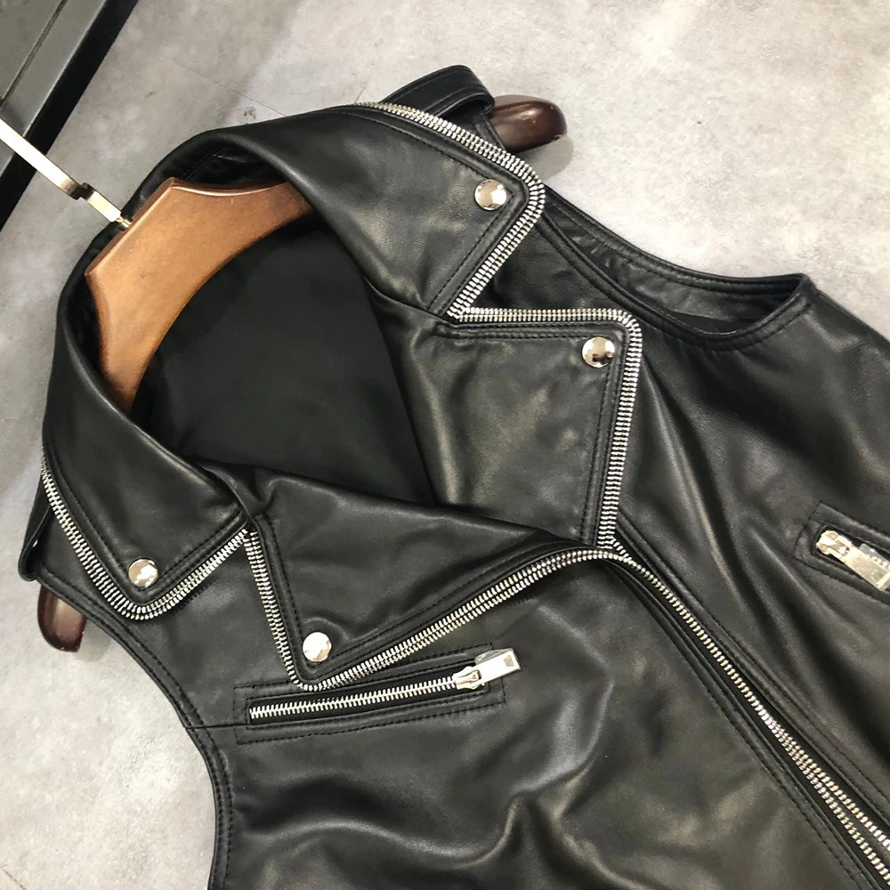JAZZEVAR 2021 New High Fashion Street Women Real Sheep Skin Zipper Leather Vest Female Genuine Leather Black Motorcycle Jackets