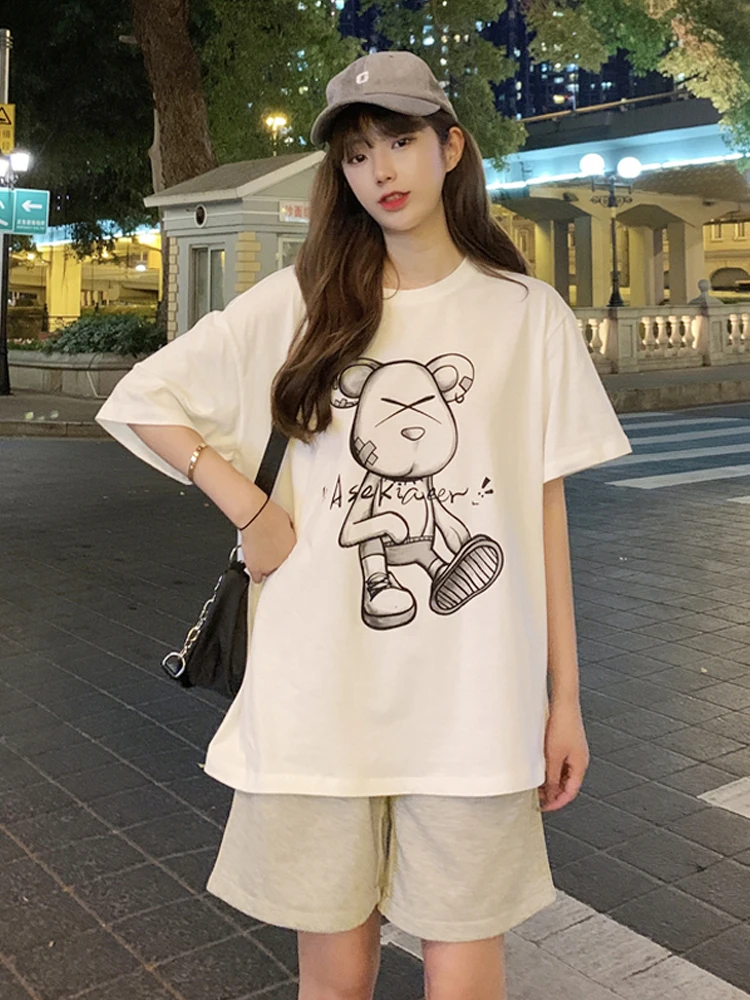

American Street Style Short Sleeve T-shirt for Women 2021 Summer New All-match Tshirt Loose Cartoons Printed Top Fashion Tee