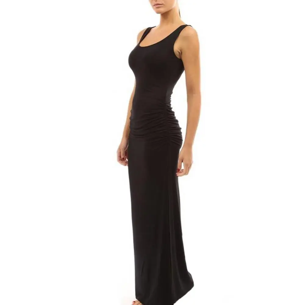 

2021 Solid Color Women Scoop Neck Sleeveless Summer Maxi Side SplitRuched Long Dress For Evening Party Banquet Club