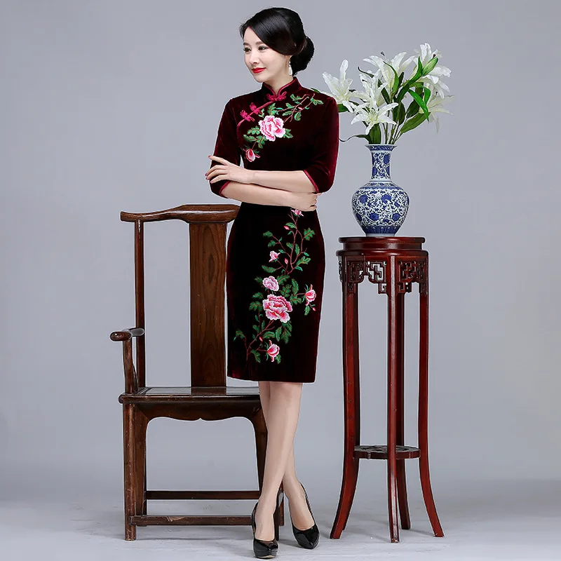 Платье Чонсам для мамы Золотое бархатное весеннее платье средней длины длинное