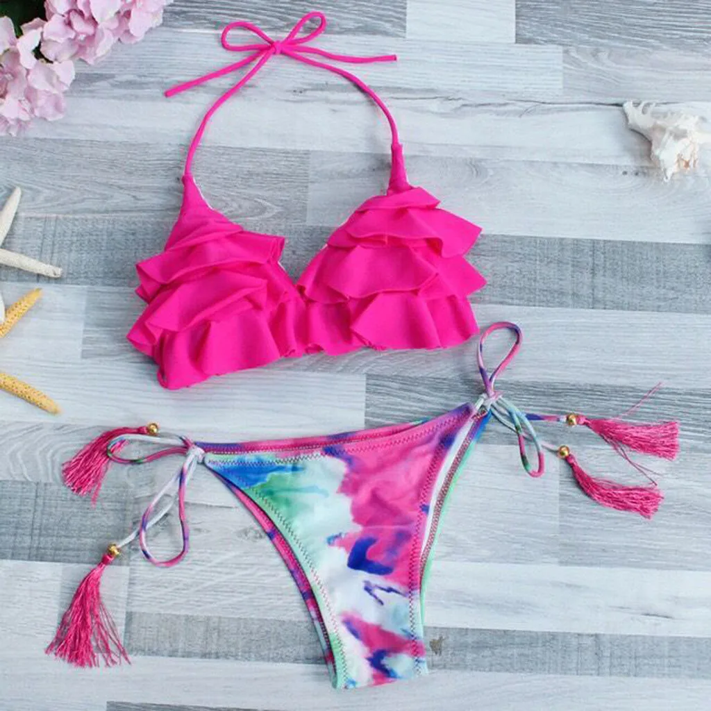 Бразильский комплект бикини с оборками и цветочным принтом купальный костюм