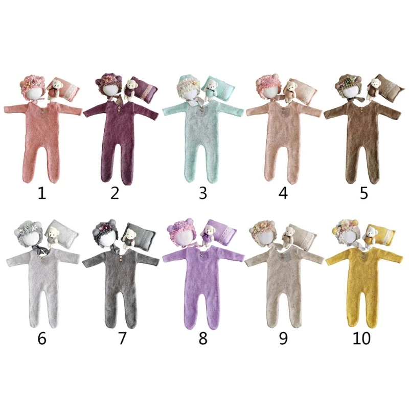 

1Set Baby Infants Hat Pillow Romper Jumpsuit Bear Doll Newborn Photography Props