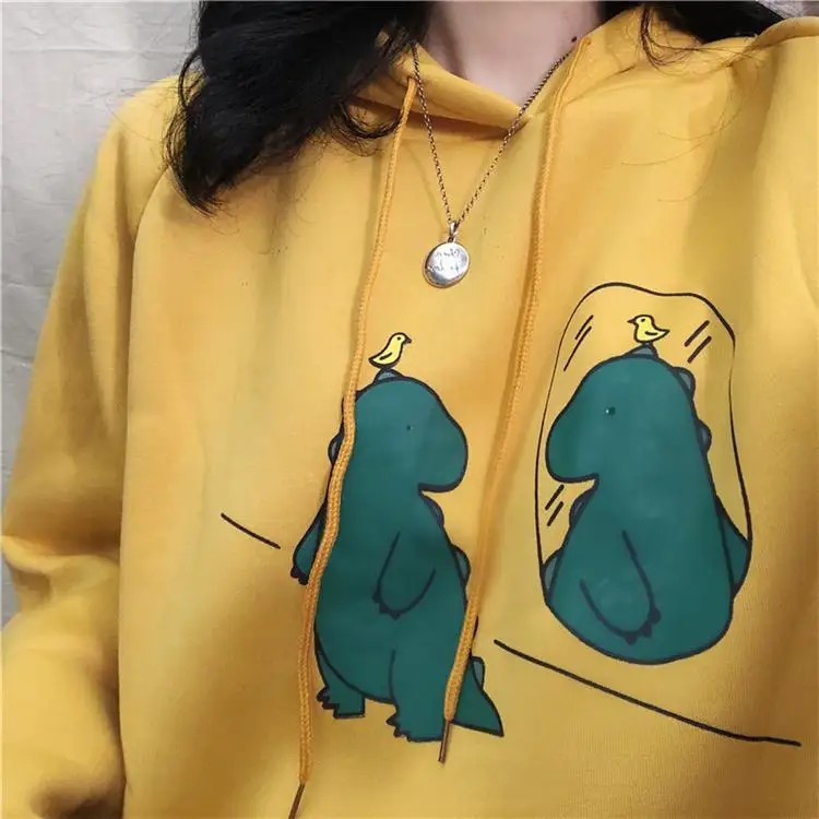 Cartoon Dinosaurs Printed Casual Loose Basic Black Simple College Wind Cute Fresh Hot Sale Winter Female Women Hoodies - Цвет: Yellow