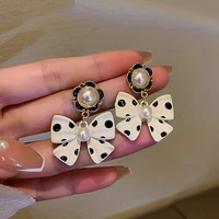 2021 vintage korean black white dot bowknot charm dangle earrings ladies party temperament jewelry drop earring aretes for women