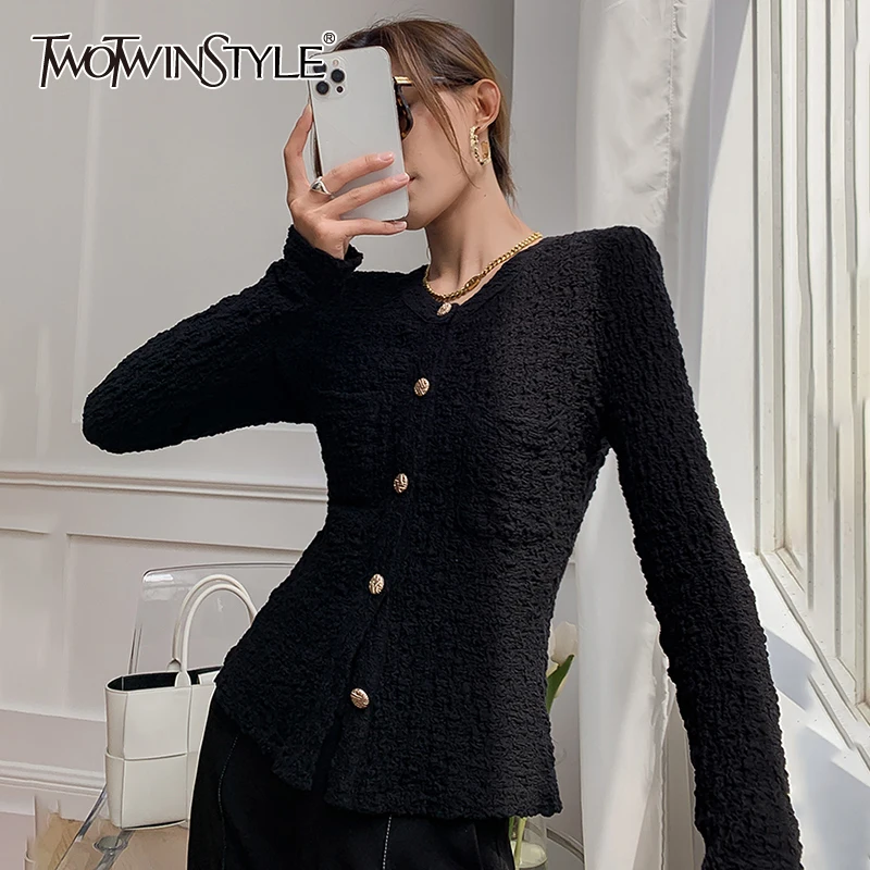 

TWOTWINSTYLE Casual Coats For Female Lapel Collar Long Sleeve High Waist Slimming Solid Color Women's Knitting Coat Fashion New