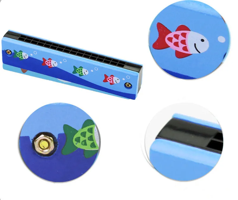 

16 Holes Children Harmonica Wooden Double Row Blowable Harmonica Cute Cartoon Pattern Beginner Kids Musical Educational Toys