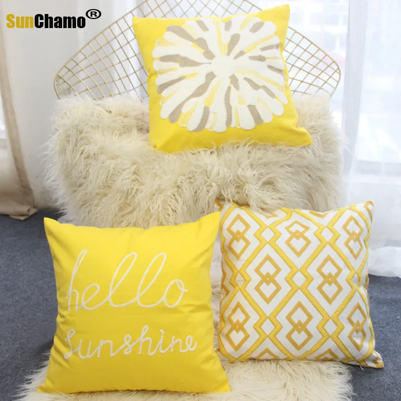 

Handmade Cotton Canvas Embroidery Cushion Cover Boho Ethnic Yellow Navy Grey Words Pillow Cover 45x45cm HomeDecoration