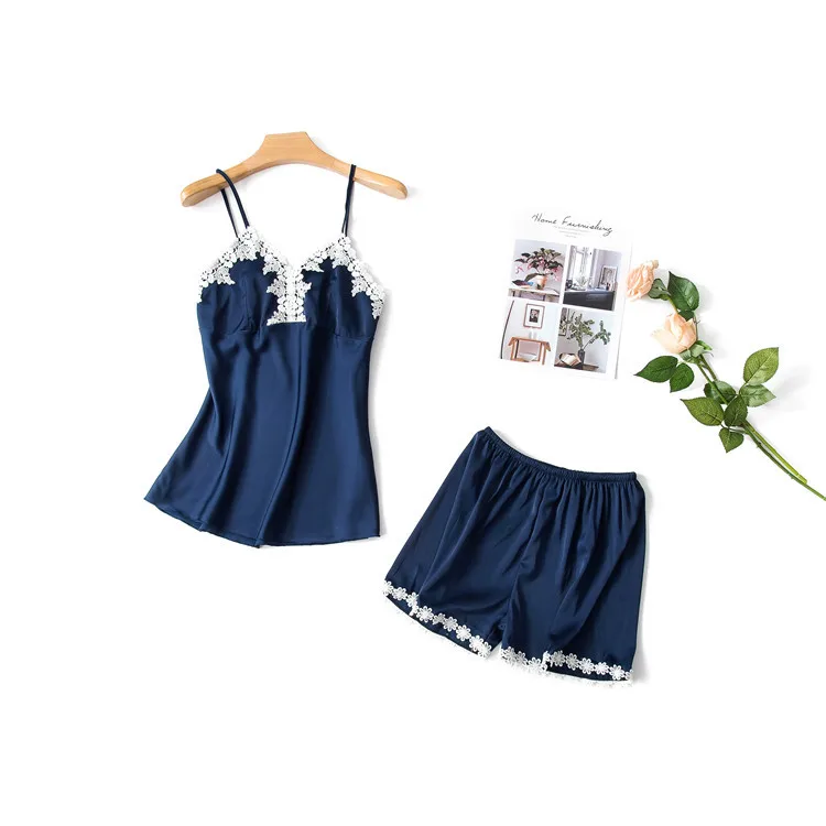 Pijama Mujer HomeWear Women Pajamas Suit Sexy Sleepwear Shortless Sleeve Black Pyjamas with Chest Pad Girl Shorts Lace | Женская одежда