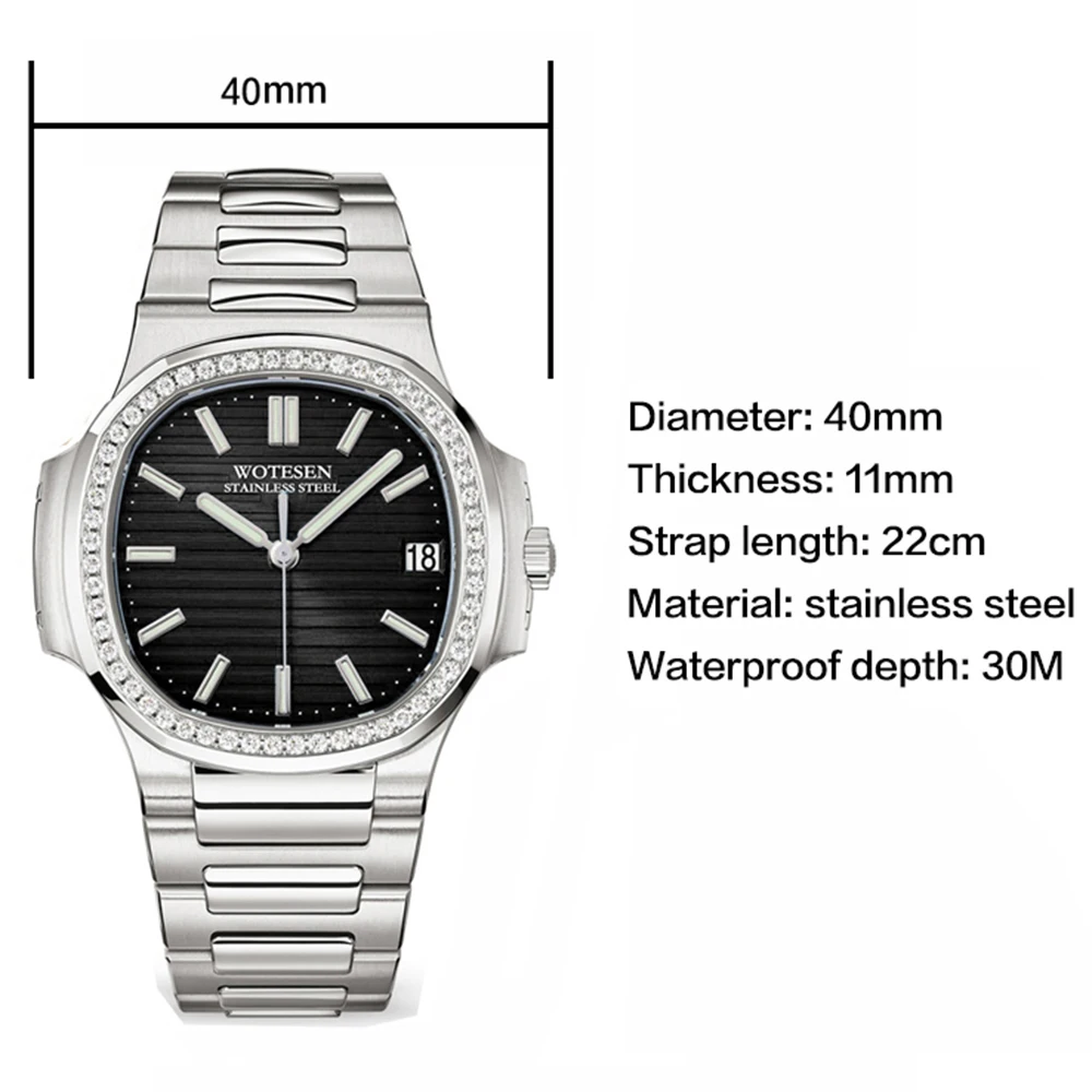 Новые мужские часы Patek, роскошные часы топ бренда с бриллиантами, мужские Модные Повседневные военные водонепроницаемые часы из нержавеющей стали золотистого цвета