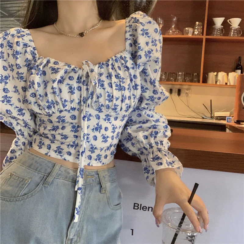 

Design Sense Niche Shirt Women's Spring and Autumn 2021 New Sweet and Chic Broken Flower One Shoulder Lace Up Long Sleeve Top