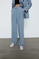 blue simple high waist suit pants women solid colors slim casual office straight blazer pants 2021 new fashion tailored trousers