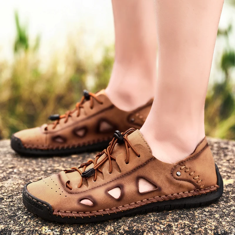 

2021 Fashion Spring Summer Outdoor Leather Casual sandals Breathable Men's Shoes Handmade Flats Moccasins Loafers Big Size 48