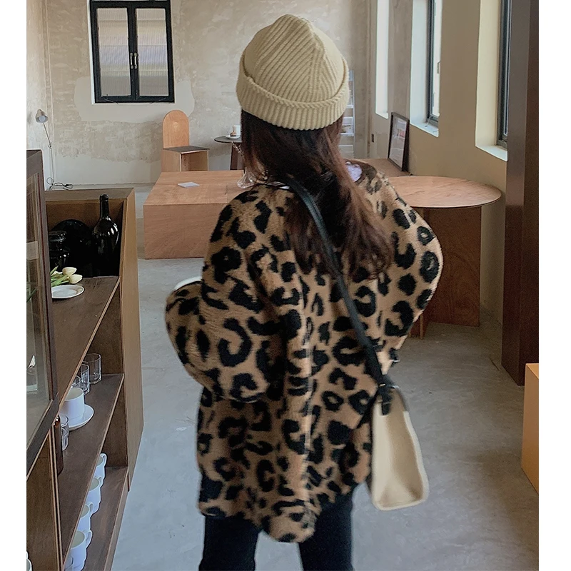 

Lauri Laki Leopard Print Jacket Women Harajuku Vintage Woolen Coat Plus Size Single Breasted Long Sleeve Outwear Winter 2021