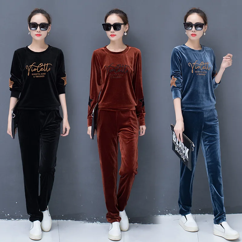 Осенний Женский бархатный комплект из 2 предметов велюровый спортивный костюм с
