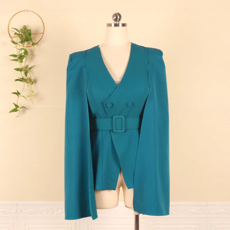 

SHENGPALAE Fashion V-neck Flying Sleeves Loose Double Button Ruffled Belt Plus Size Women Blazer Autumn Female 2021 5E2443