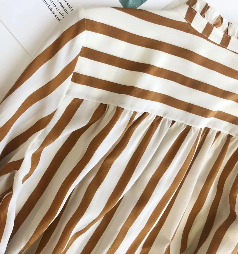 

100% Silk Spring Long Sleeve Neck Ruffle Cuffs Coffee Stripe Blouses