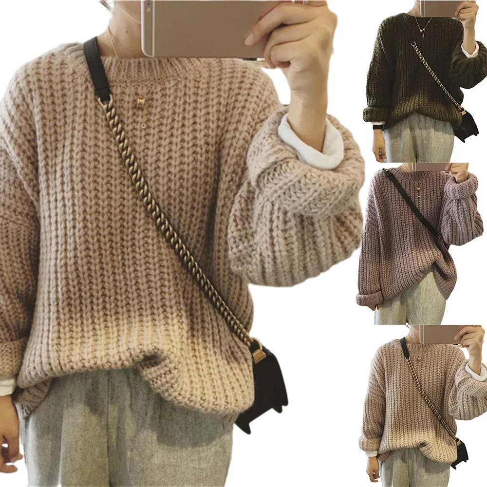 Женский объемный вязаный свитер с длинным рукавом мешковатый Повседневный