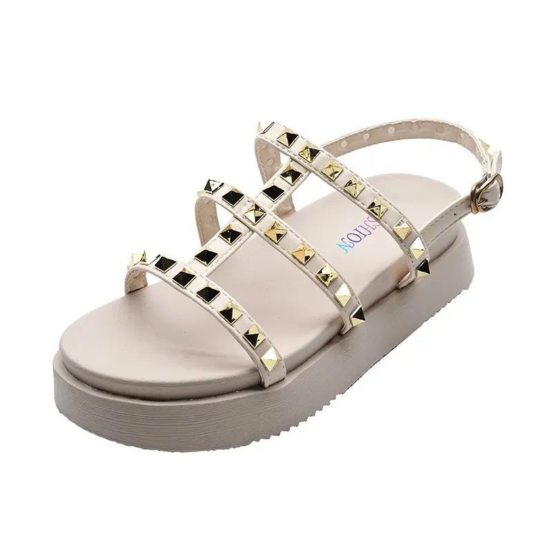 

Female Sandal 2021 Women's Low-Heeled Shoes With Strap Muffins shoe Increasing Height Girls Studded New Low-heeled Buckle Fashio