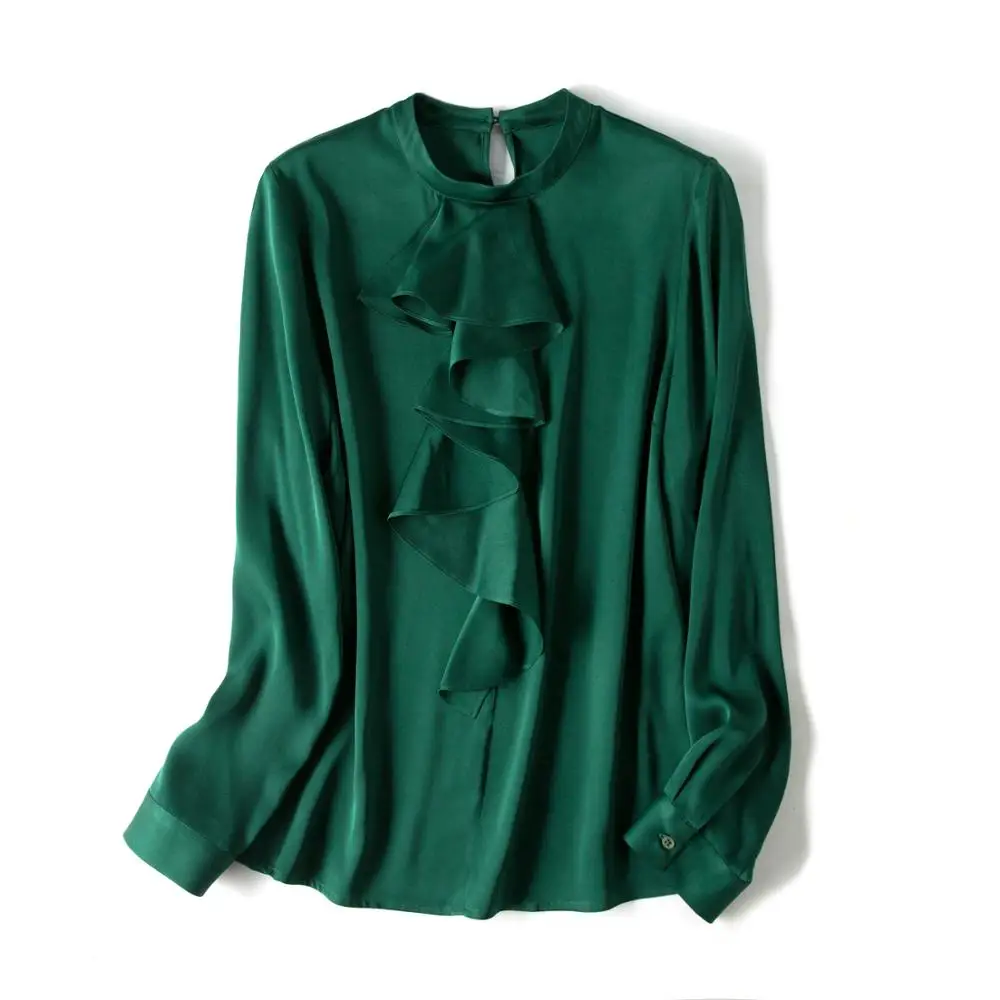 Женская футболка с длинным рукавом 100% шелк тутового шелкопряда оборками