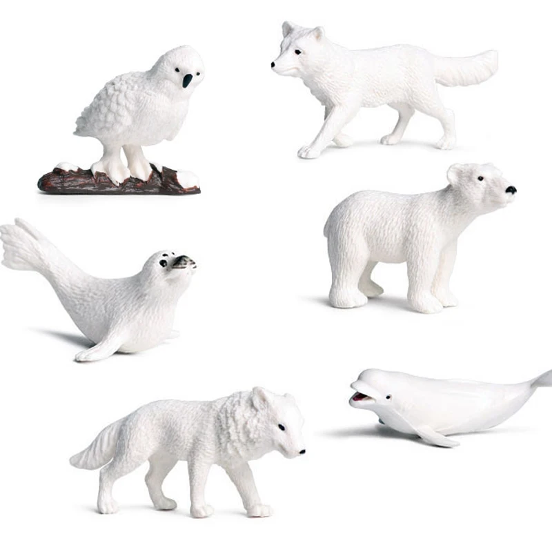 

6PCS Simulation Arctic Animals Models Toys Snowy Owl Fox Polar Bear Seal Wolf Beluga Action Figures Kids Education Decoration