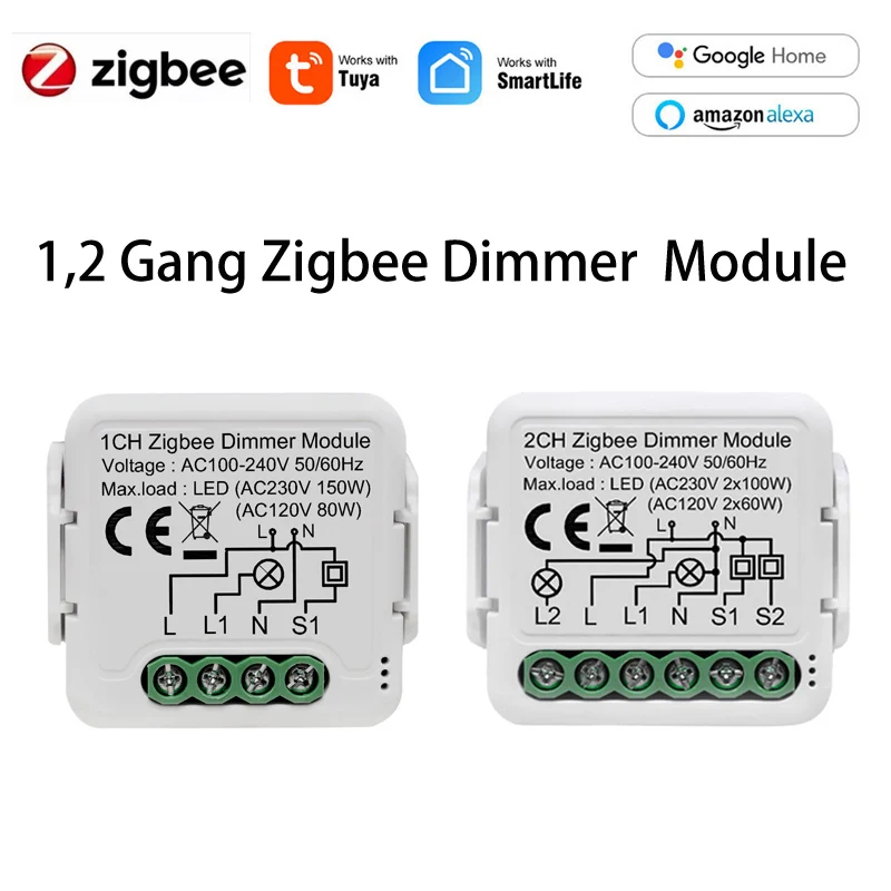 

Tuya Zigbee 3.0 Smart 1/2 Gang Dimmer Switch Module 2-Way Control Smart life APP remote 100-240V DIY Mini With Alexa Google Home