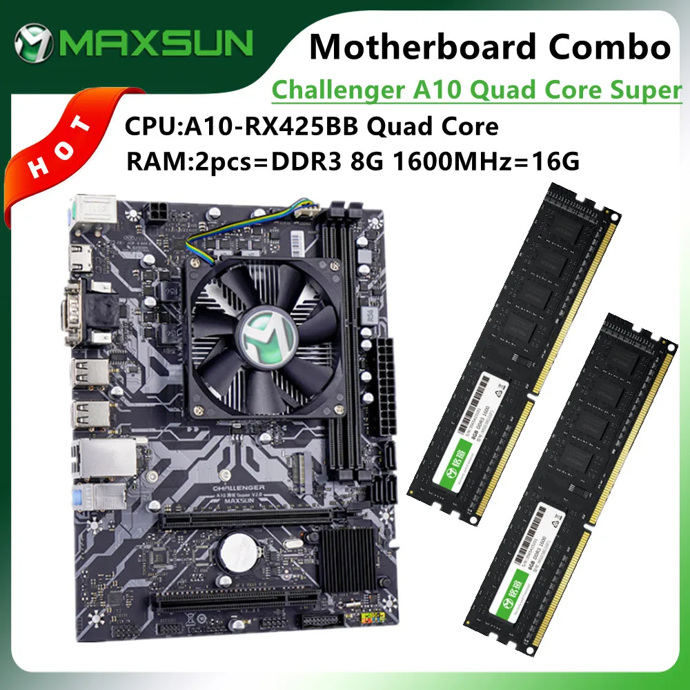

MAXSUN Full New Computer Motherboard Combo Challenger A10 Quad Core Super CPU RX452BB RAM DDR3 8G1600MHz*2=16G With Radiator