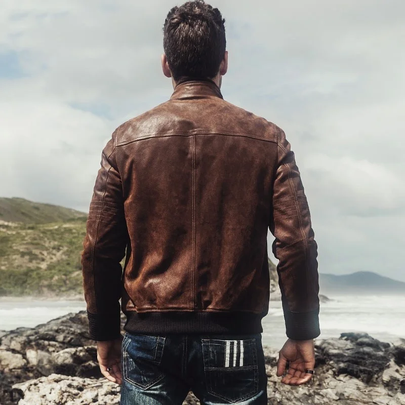 

Motorcycle Autumn Winter Mens Genuine Leather Jackets Fashion Stand Collar Pigskin Slim Fit Male Outerwear Coats Plus Size 5XL