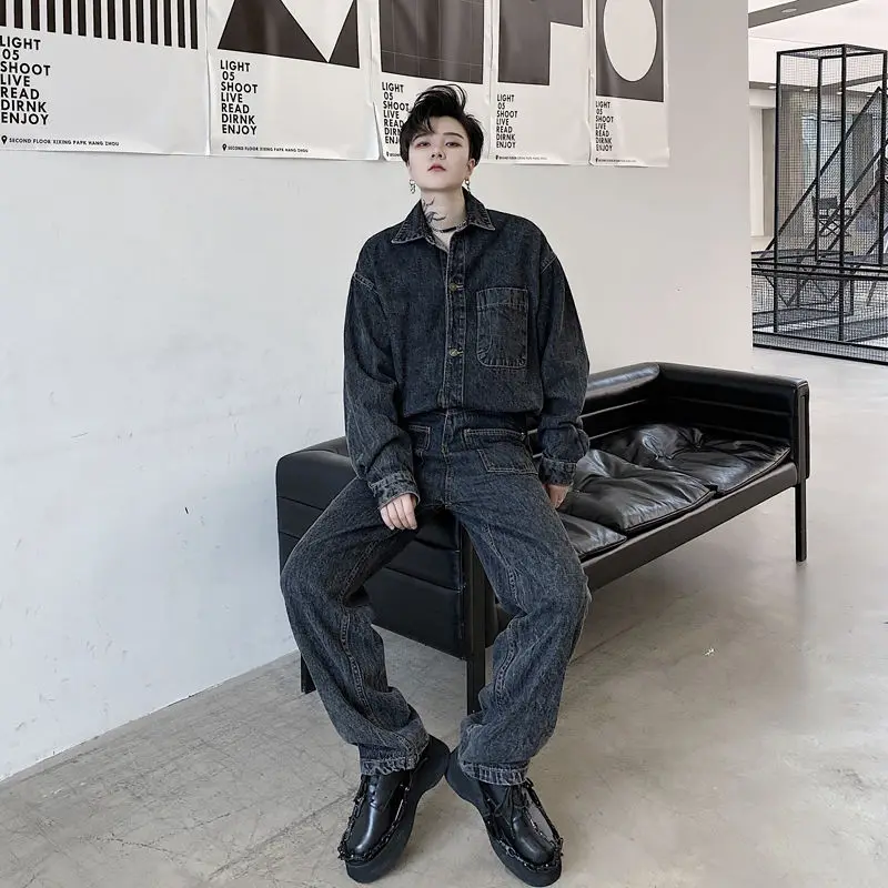 

IEFB /men's wear 2021 spring new elastic waist male's long sleeve trousers denim one-piece jumpsuit single breasted 9Y3739