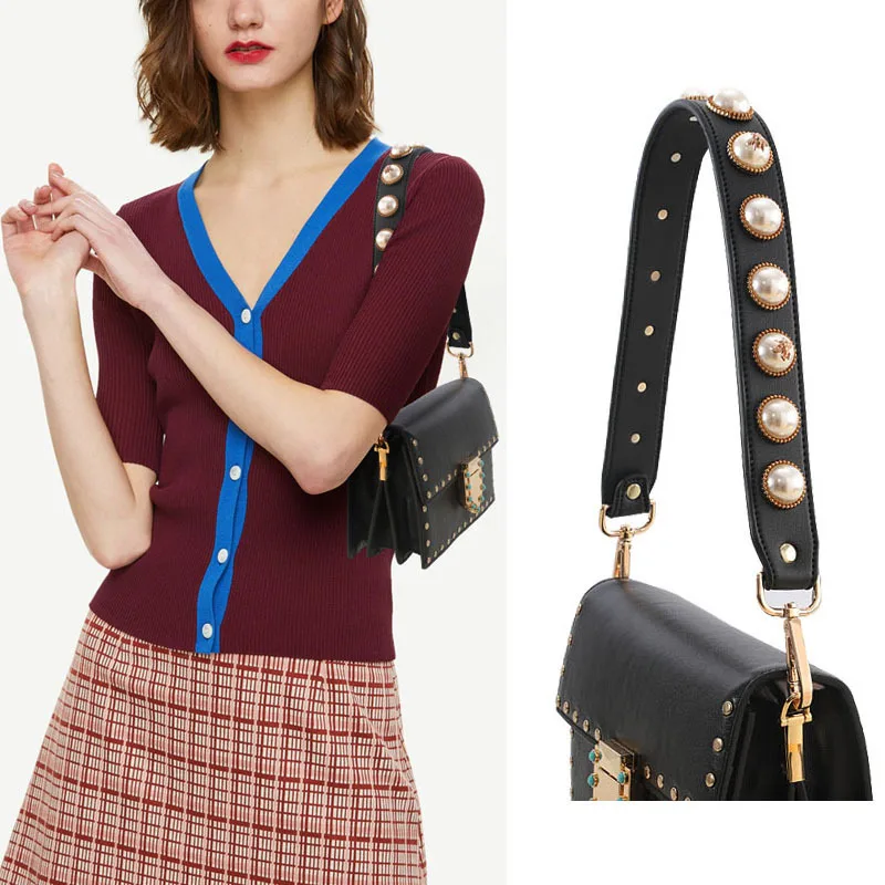 Женская широкая сумка на плечо с жемчужинами и цветами кожаный ремешок