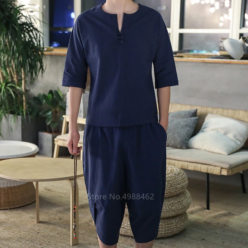 

Chinese Style Fashion Linen Tang Suit Clothes Men Traditional Clothing Kung Fu Taichi Costume Casual Streetwear Pants Shirts Set