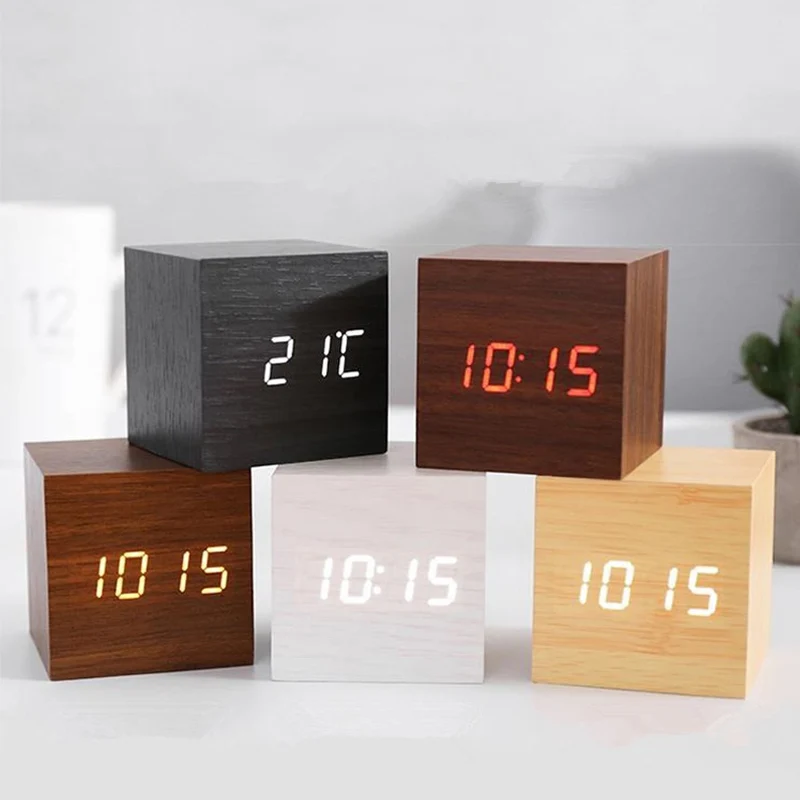 

Multifunction Creativity Digital Wooden LED Alarm Clock Wood Clocks Desktop Table Decor Voice Control Snooze Function Desk Tools