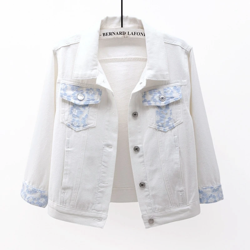 Женская джинсовая куртка демисезонная короткая в Корейском стиле с кружевом и