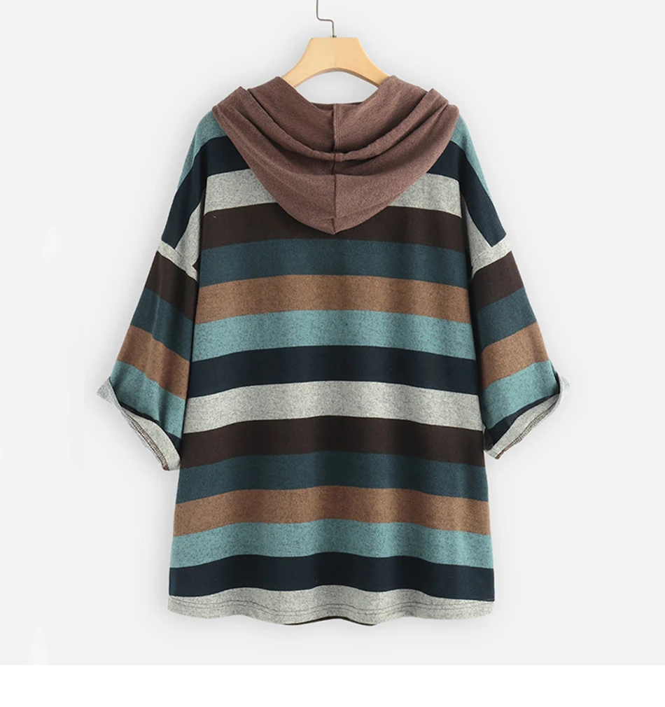 5XL размера плюс, Женская толстовка, повседневная, с капюшоном, половина рукава, Женские кофты, винтажные, полосатые толстовки, женские топы