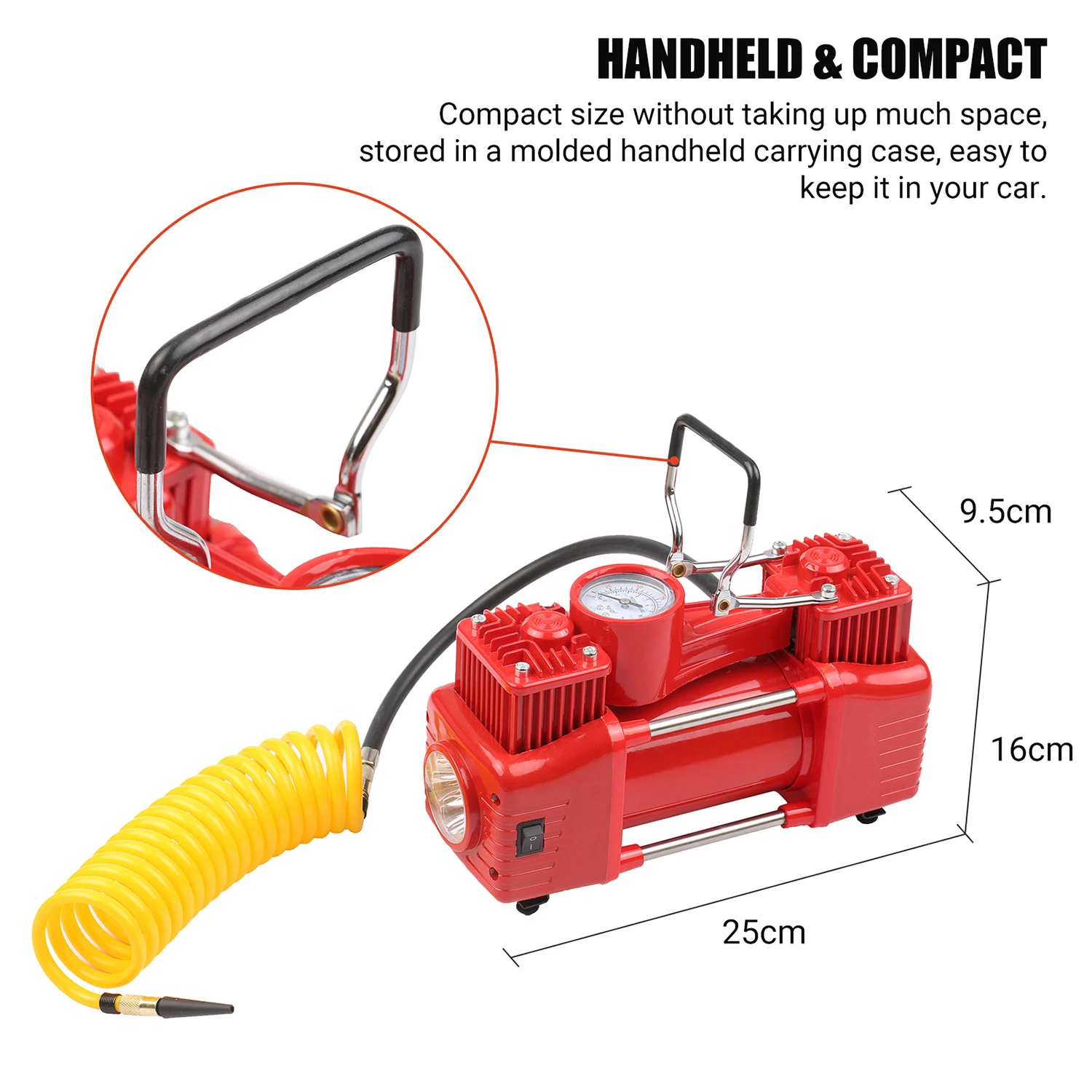 

DC12V Dual Cylinder Air Compressor Portable Tire Inflator Emergency Car Air Pump with 3 Nozzles Extended Tube Carrying Case