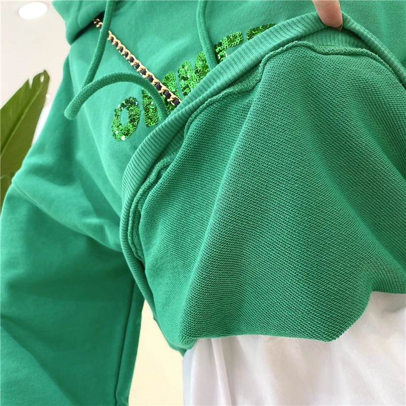 

Women's Sequins Letter Hooded Sweatshirt Large Size 2021 New Plain Loose Cotton Basic Hoodies Jumpers for Students