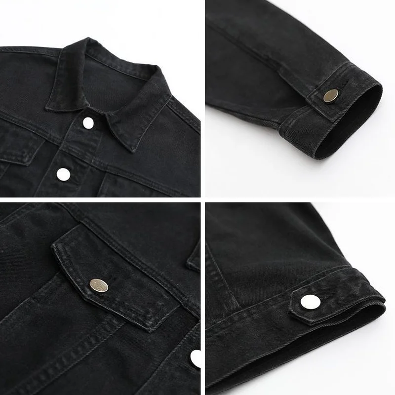 

Basic Jackets Women Black Denim Crop Outerwear Long Sleeve Loose Students High Street Simple Vintage Fashion All-match Female