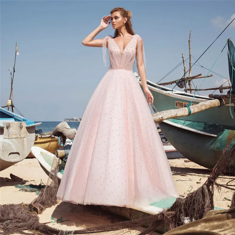 

Платье Свадебное ТРАПЕЦИЕВИДНОЕ с V-образным вырезом, пикантная плявечерние одежда принцессы с жемчугом, с открытой спиной, мягкое Тюлевое ...