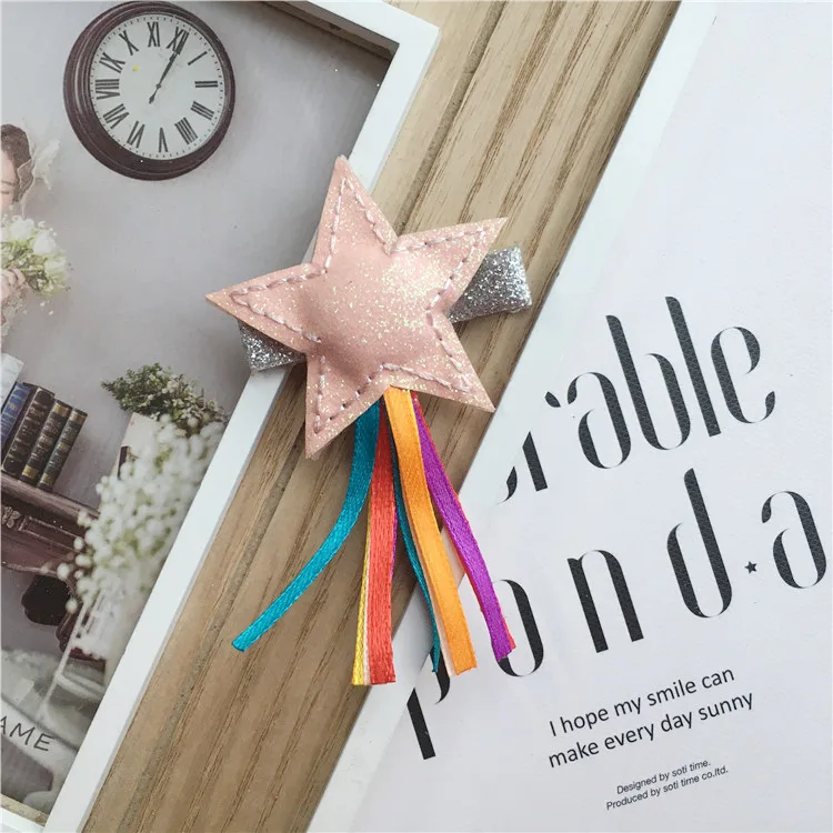 

12pcs ins Fashion Cute Glitter Star Hairpins Rainbow Ribbon Tassels Star Hair Clips Princess Headwear Boutique Hair Accessories