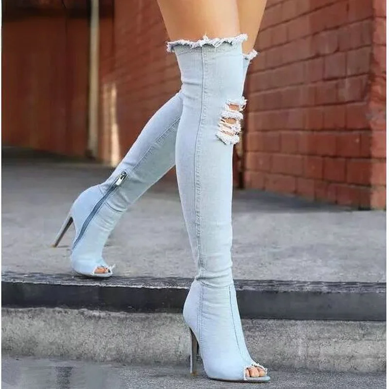 

Fashion Autumn Women High Heels Thigh High Boots Female Shoes Hot Over The Knee Boots Peep Toe Cowboy Boots Denim Shoes 785