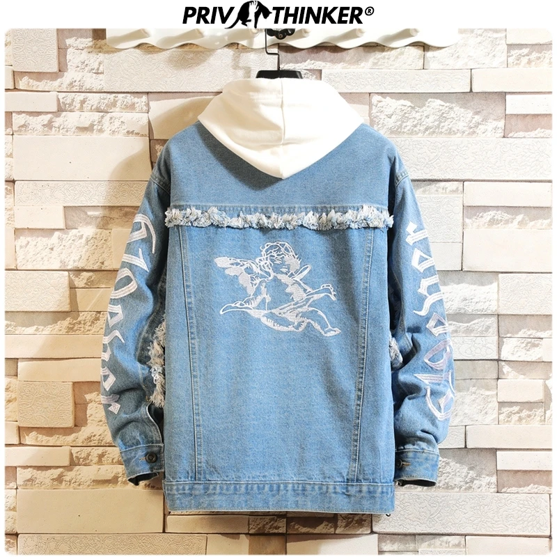 Privathinker Мужская джинсовая куртка в стиле хип хоп с вышивкой мужская капюшоном